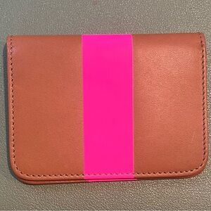 Clare V. Leather Cardholder Wallet Tan with Neon Pink Stripe Made in Italy